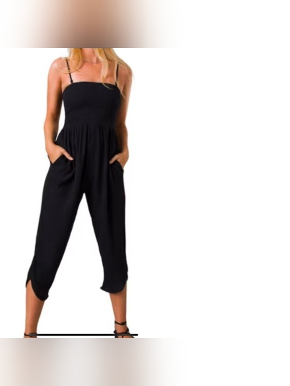 Prana Fernie Women Black Smocked Jumpsuit with Adjustable Spaghetti Straps